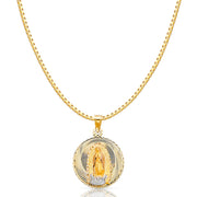 14K Gold Diamond Cut Guadalupe Stamp Religious Charm Pendant with 1.2mm Box Chain Necklace