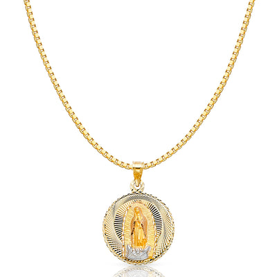 14K Gold Diamond Cut Guadalupe Stamp Religious Charm Pendant with 1.2mm Box Chain Necklace