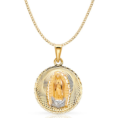 14K Gold Guadalupe Stamp Pendant with 3.4mm Hollow Cuban Chain