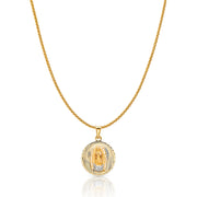 14K Gold Diamond Cut Guadalupe Stamp Charm Pendant with 1.1mm Wheat Chain Necklace