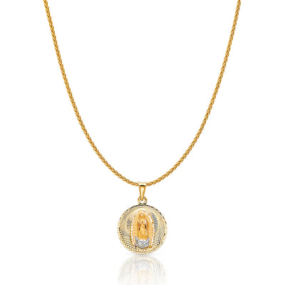 14K Gold Diamond Cut Guadalupe Stamp Charm Pendant with 1.1mm Wheat Chain Necklace