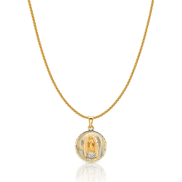 14K Gold Diamond Cut Guadalupe Stamp Charm Pendant with 1.1mm Wheat Chain Necklace