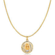 14K Gold Diamond Cut Guadalupe Stamp Religious Charm Pendant with 1.2mm Box Chain Necklace