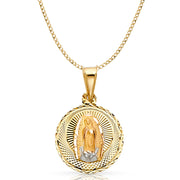 14K Gold Guadalupe Stamp Pendant with 2.3mm Hollow Cuban Chain