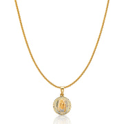 14K Gold Diamond Cut Guadalupe Stamp Charm Pendant with 1.1mm Wheat Chain Necklace