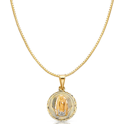 14K Gold Diamond Cut Guadalupe Stamp Religious Charm Pendant with 0.8mm Box Chain Necklace