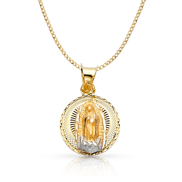 14K Gold Guadalupe Stamp Pendant with 2.3mm Hollow Cuban Chain