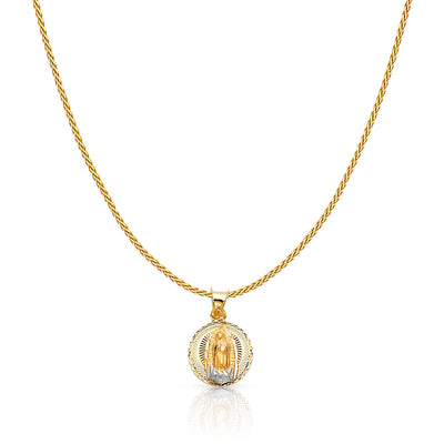 14K Gold Diamond Cut Guadalupe Stamp Charm Pendant with 0.9mm Wheat Chain Necklace