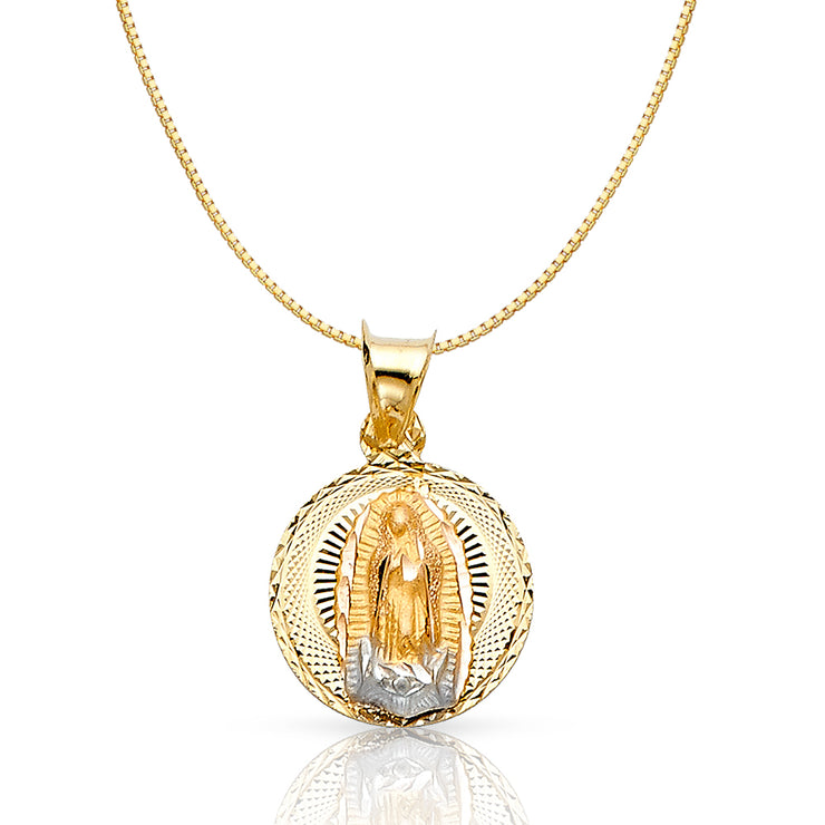 14K Gold Diamond Cut Guadalupe Stamp Religious Charm Pendant with 0.8mm Box Chain Necklace