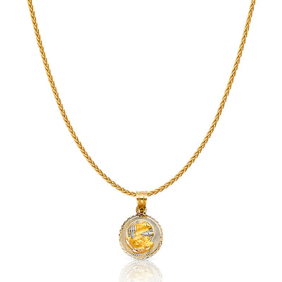 14K Gold Diamond Cut Stamp Baptism Charm Pendant with 1.1mm Wheat Chain Necklace