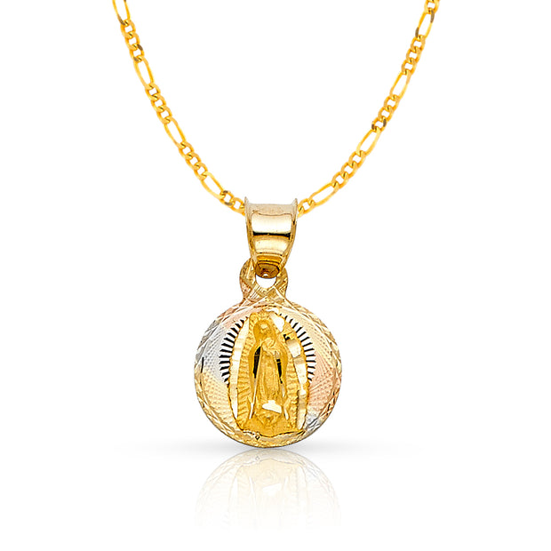 14K Gold Guadalupe Stamp Pendant with 1.6mm Figaro 3+1 Chain