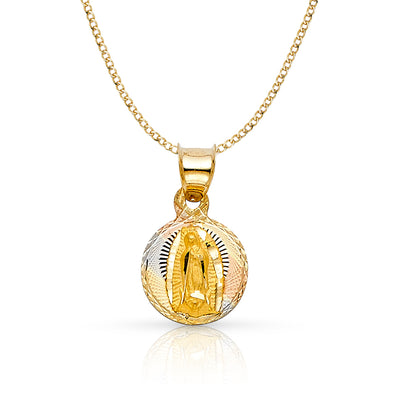 14K Gold Guadalupe Stamp Pendant with 2mm Hollow Cuban Bevel Chain