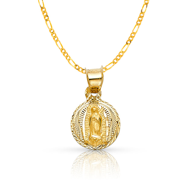 14K Gold Diamond Cut Guadalupe Stamp Pendant with 1.6mm Figaro 3+1 Chain