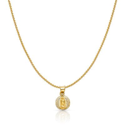 14K Gold Diamond Cut Guadalupe Stamp Charm Pendant with 0.9mm Wheat Chain Necklace