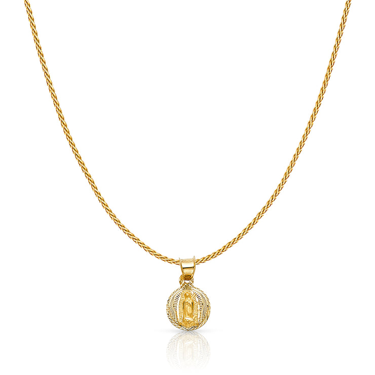 14K Gold Diamond Cut Guadalupe Stamp Charm Pendant with 0.9mm Wheat Chain Necklace