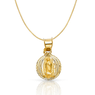 14K Gold Diamond Cut Guadalupe Stamp Religious Charm Pendant with 0.6mm Box Chain Necklace