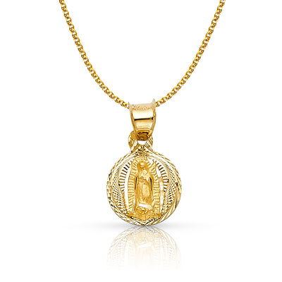 14K Gold Diamond Cut Guadalupe Stamp Pendant with 1.2mm Flat Open Wheat Chain