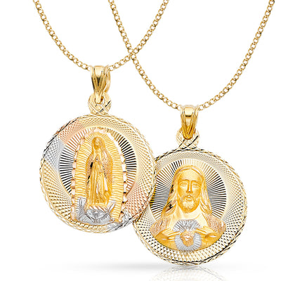 14K Gold Double Side Stamp Virgin Mary & Jesus Pendant with 3.4mm Hollow Cuban Chain