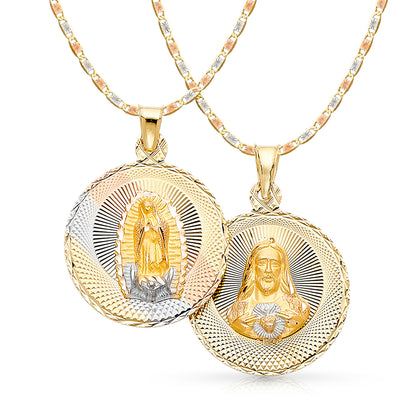 14K Gold Double Side Stamp Virgin Mary & Jesus Pendant with 2.6mm Valentino Star Chain