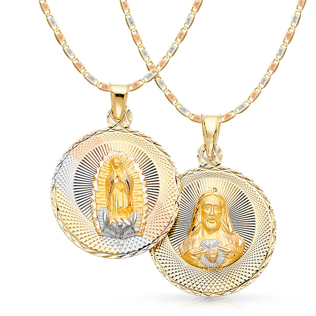 14K Gold Double Side Stamp Virgin Mary & Jesus Pendant with 2.6mm Valentino Star Chain