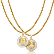 14K Gold Diamond Cut Double Side Stamp Virgin Mary & Jesus Charm Pendant with 1.4mm Round Wheat Chain Necklace