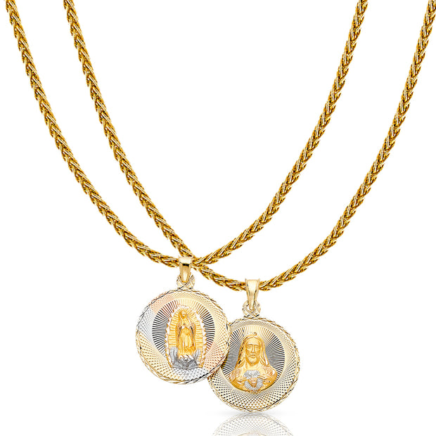 14K Gold Diamond Cut Double Side Stamp Virgin Mary & Jesus Charm Pendant with 1.4mm Round Wheat Chain Necklace