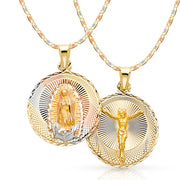 14K Gold Double Side Stamp Virgin Mary & Jesus Pendant with 2.6mm Valentino Star Chain