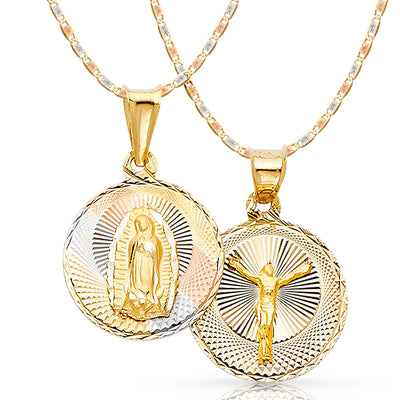 14K Gold Double Side Stamp Virgin Mary & Jesus Pendant with 2.1mm Valentino Chain