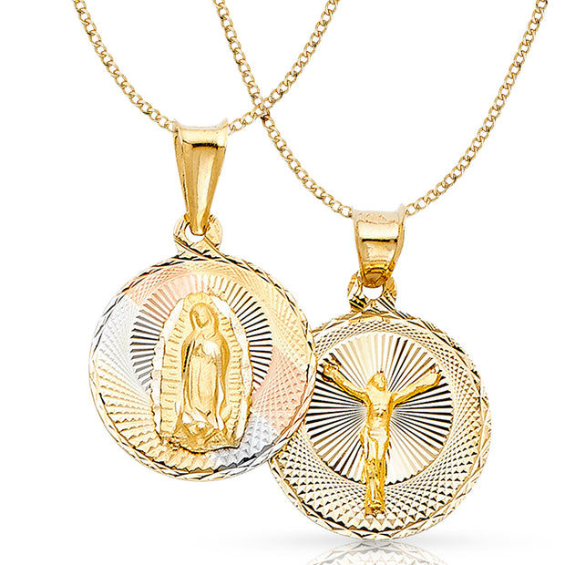 14K Gold Double Side Stamp Virgin Mary & Jesus Pendant with 2.3mm Hollow Cuban Chain