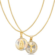 14K Gold Diamond Cut Double Side Stamp Virgin Mary & Jesus Religious Charm Pendant with 0.8mm Box Chain Necklace