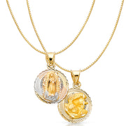 14K Gold Diamond Cut Double Side Stamp Virgin Mary Baptism Religious Charm Pendant with 0.8mm Box Chain Necklace