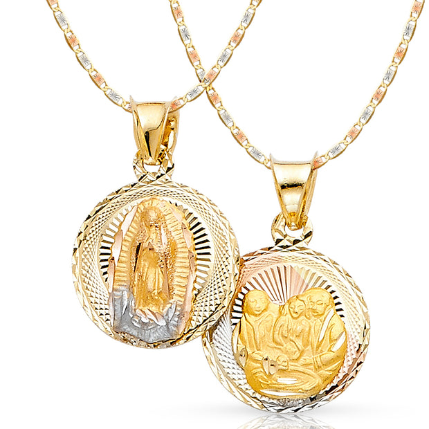14K Gold Double Side Stamp Virgin Mary Baptism Pendant with 1.5mm Valentino Chain