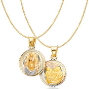 14K Gold Diamond Cut Double Side Stamp Virgin Mary Baptism Religious Charm Pendant with 0.8mm Box Chain Necklace