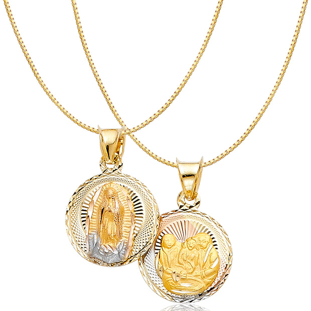 14K Gold Diamond Cut Double Side Stamp Virgin Mary Baptism Religious Charm Pendant with 0.8mm Box Chain Necklace