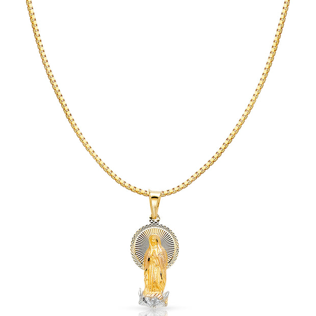 14K Gold Diamond Cut Guadalupe Stamp Religious Charm Pendant with 0.8mm Box Chain Necklace