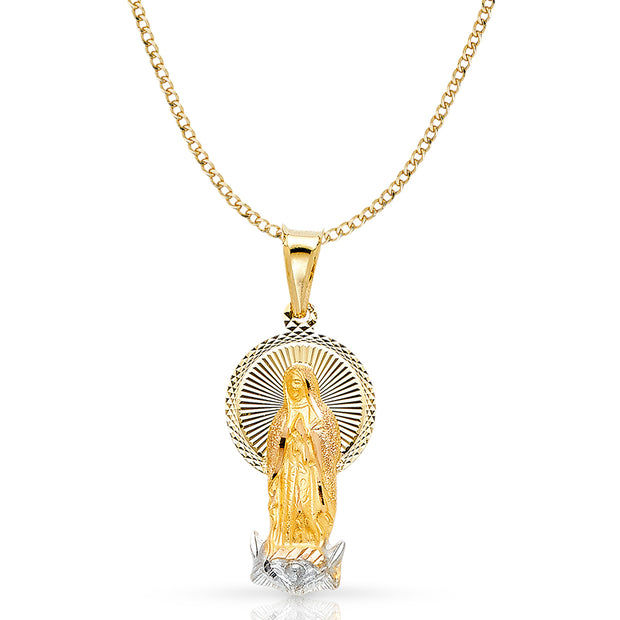 14K Gold Guadalupe Stamp Pendant with 2mm Hollow Cuban Bevel Chain