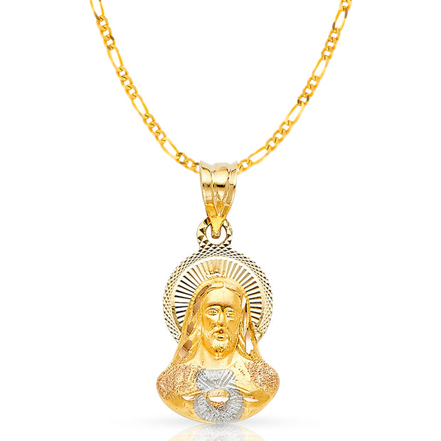 14K Gold Jesus Stamp Pendant with 2mm Figaro 3+1 Chain
