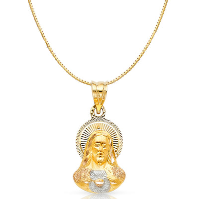 14K Gold Diamond Cut Jesus Stamp Religious Charm Pendant with 0.8mm Box Chain Necklace