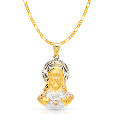 14K Gold Jesus Stamp Pendant with 2.3mm Figaro 3+1 Chain