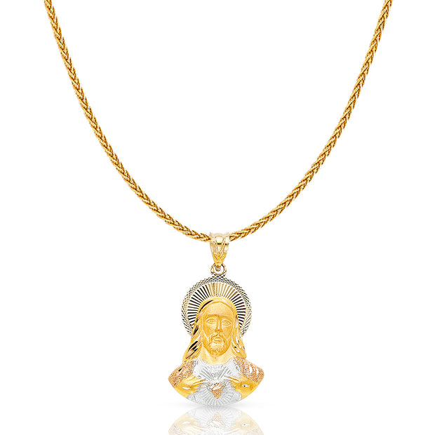 14K Gold Diamond Cut Jesus Stamp Charm Pendant with 1.1mm Wheat Chain Necklace