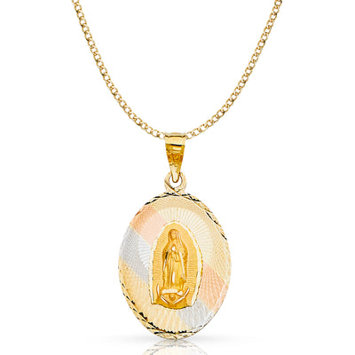 14K Gold Guadalupe Stamp Pendant with 3.4mm Hollow Cuban Chain