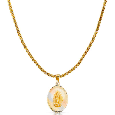 14K Gold Diamond Cut Guadalupe Stamp Charm Pendant with 1.4mm Round Wheat Chain Necklace