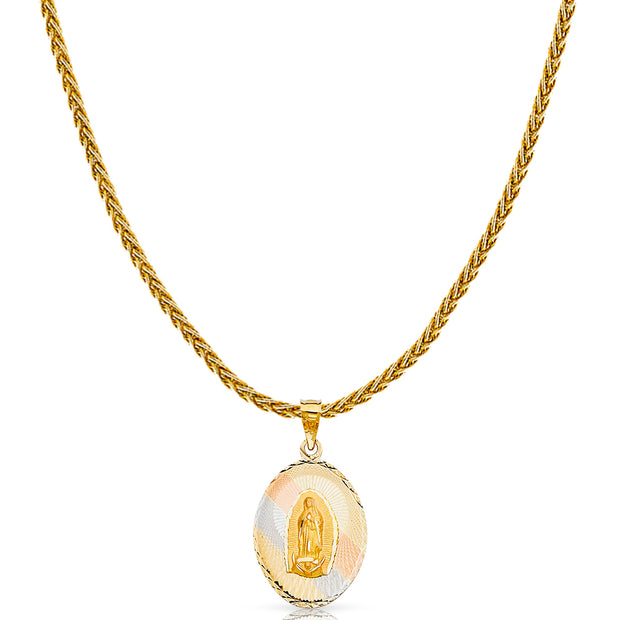 14K Gold Diamond Cut Guadalupe Stamp Charm Pendant with 1.4mm Round Wheat Chain Necklace