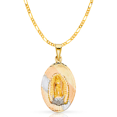 14K Gold Guadalupe Stamp Pendant with 2.3mm Figaro 3+1 Chain