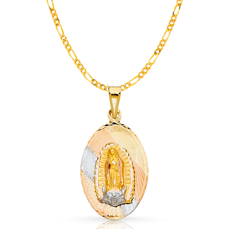 14K Gold Guadalupe Stamp Pendant with 2.3mm Figaro 3+1 Chain