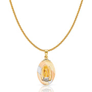 14K Gold Diamond Cut Guadalupe Stamp Charm Pendant with 1.1mm Wheat Chain Necklace