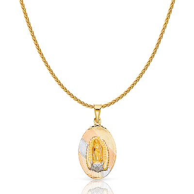 14K Gold Diamond Cut Guadalupe Stamp Charm Pendant with 1.1mm Wheat Chain Necklace