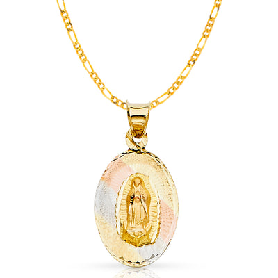 14K Gold Guadalupe Stamp Pendant with 2mm Figaro 3+1 Chain