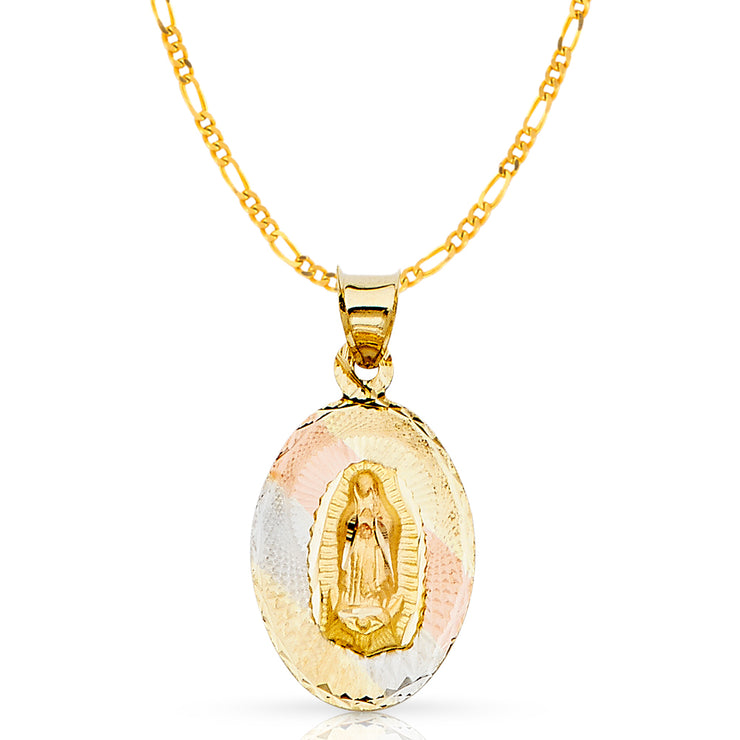 14K Gold Guadalupe Stamp Pendant with 2mm Figaro 3+1 Chain