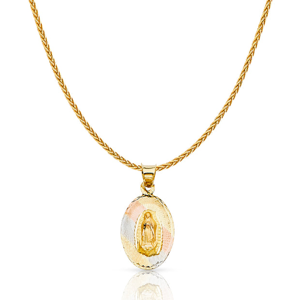 14K Gold Diamond Cut Guadalupe Stamp Charm Pendant with 1.1mm Wheat Chain Necklace